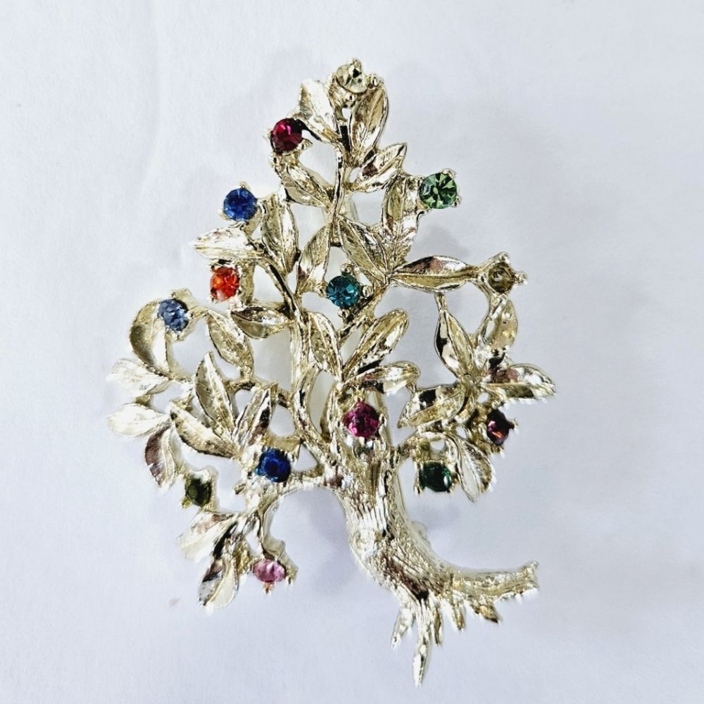 Vintage Dodds Signed Silver Tone Multicolor Rhinestone Tree Of Life Pin Brooch